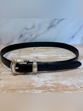 Vintage Fossil Black Leather Belt with Two-Tone Metal Accents